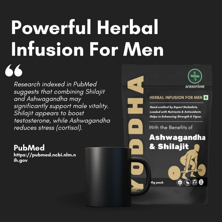 Sensoriom Yoddha powerful herbal infusion for men Ashwagandha Shilajit testosterone cortisol vitality India PubMed evidence